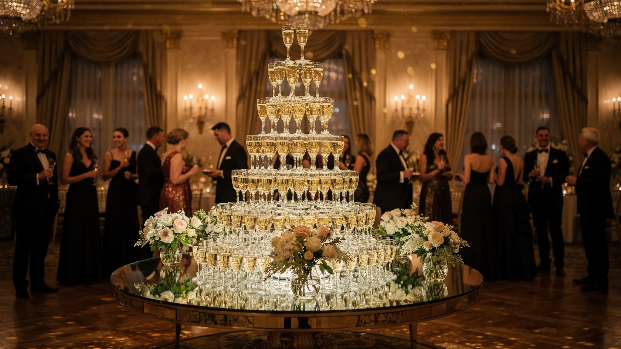 A black-tie gala in a luxury hotel ballroom with a towering champagne glass pyramid as the centerpiece, warm lighting, floral accents, and elegantly dressed guests gathered at a respectful distance.