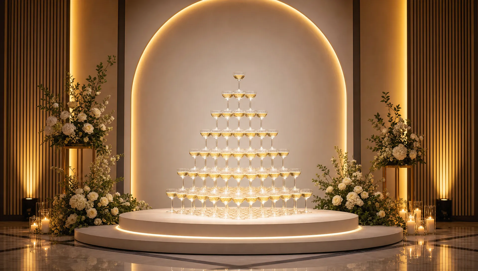 A champagne glass pyramid on a refined event platform, framed by warm architectural lighting, elegant floral accents and a clean backdrop ready for a premium reveal moment.