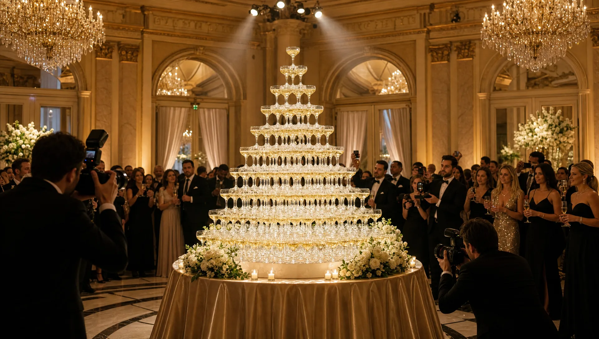 A champagne glass pyramid stands at the center of a luxury ballroom as guests and photographers gather for the reveal.