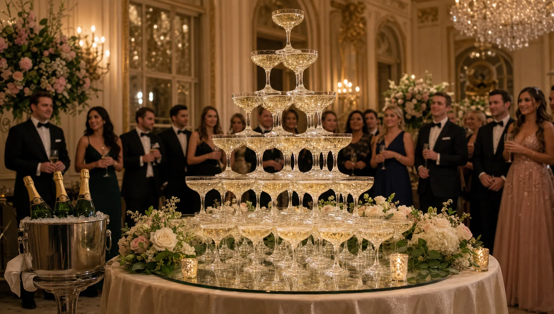 A champagne glass pyramid stands in an elegant ballroom with floral details, bottles nearby and guests waiting for the ceremonial pour.