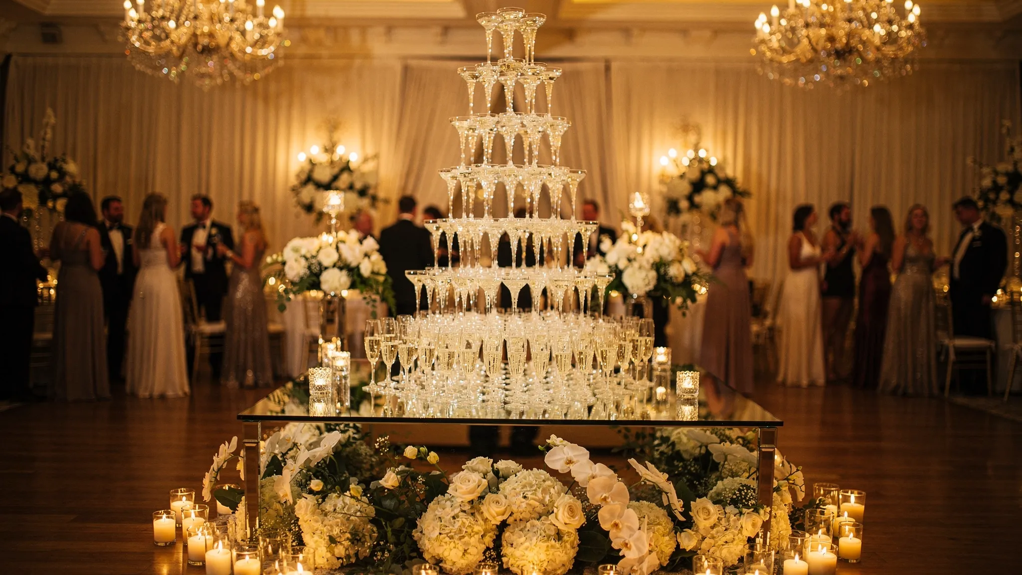 A champagne glass tower on a mirrored plinth in a luxurious wedding ballroom, framed by low candlelight and white floral arrangements, with formally dressed guests gathered around the room at a respectful distance.