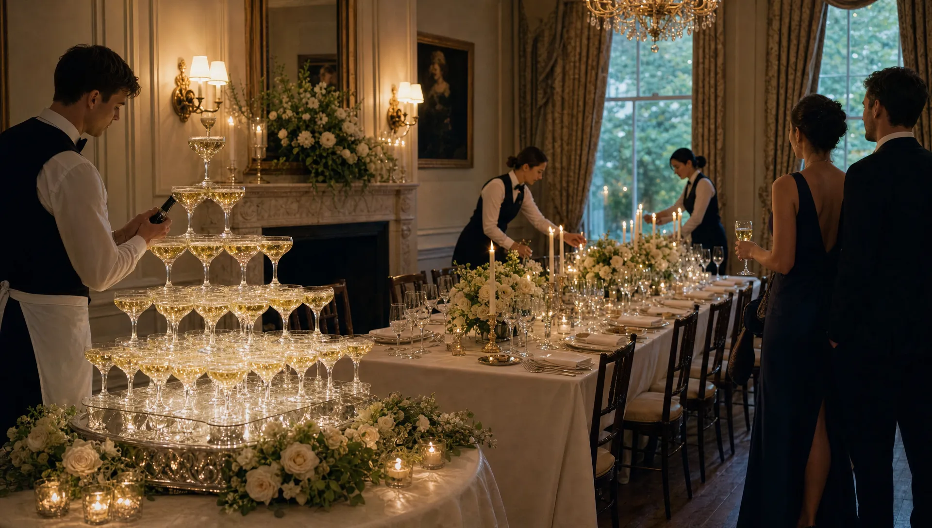 A champagne glass tower stands beside a set wedding table as staff prepare the moment before dinner.