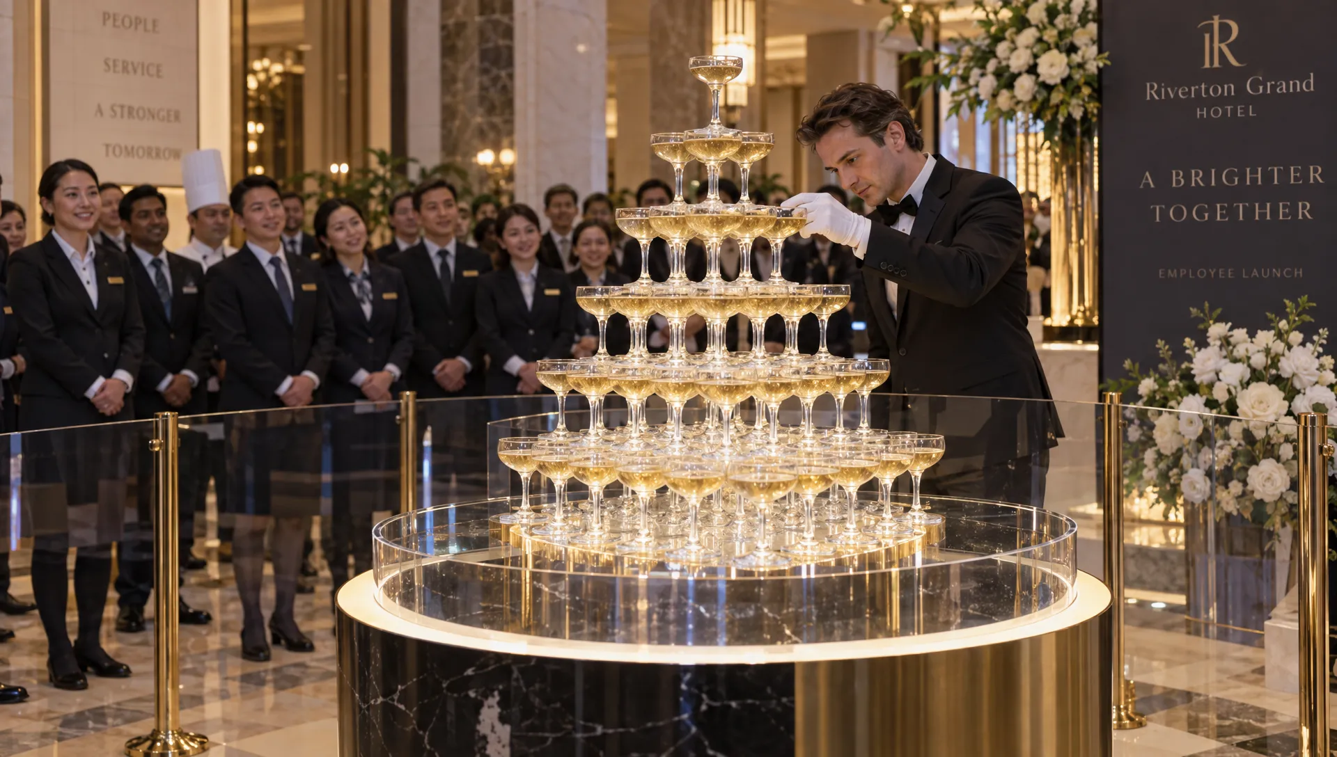 A champagne pyramid stands at a luxury hotel employee launch as staff watch from behind a clear display boundary and an event specialist checks the tower.