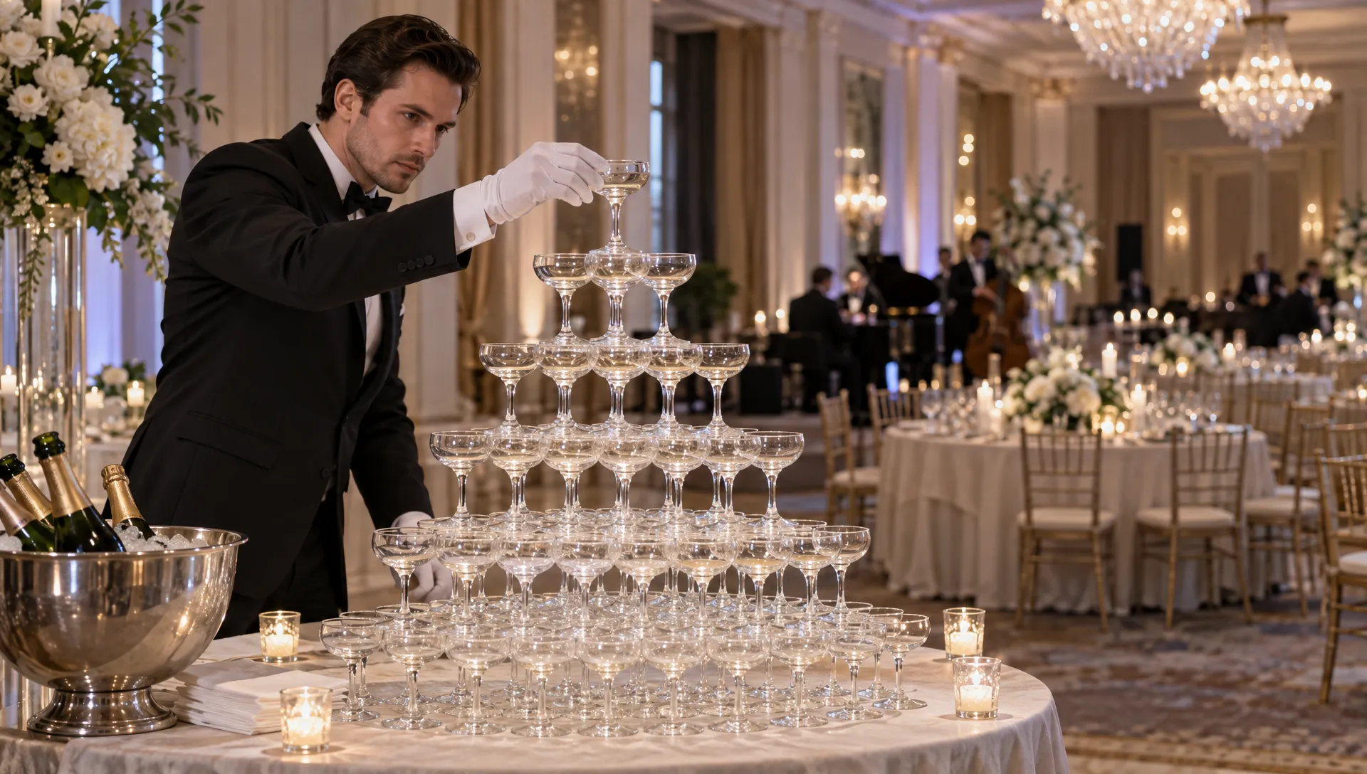 A champagne tower specialist checks the alignment of a glass pyramid in a hotel ballroom while event tables sit beyond the clear work area.