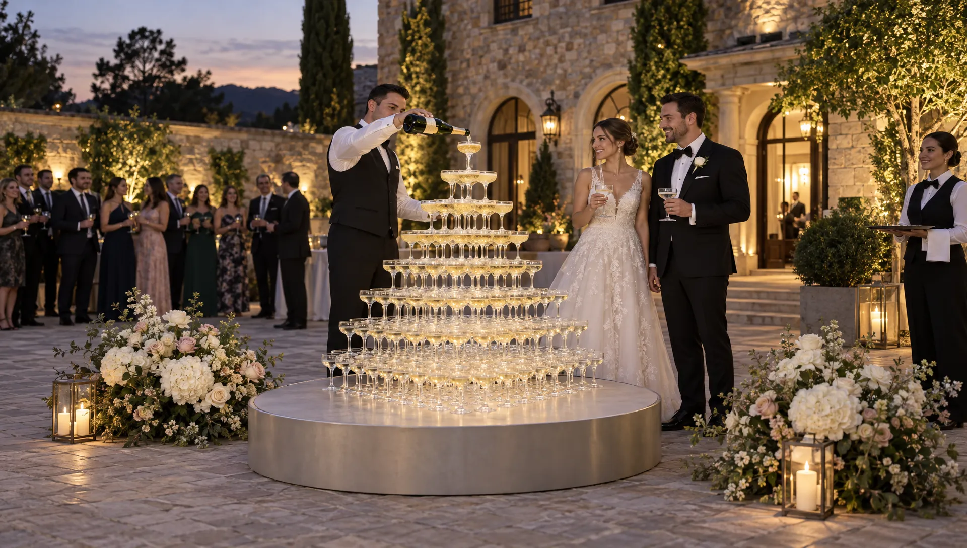 A champagne tower stands on a stable platform in a wedding courtyard, with the couple and service team nearby among low floral arrangements.
