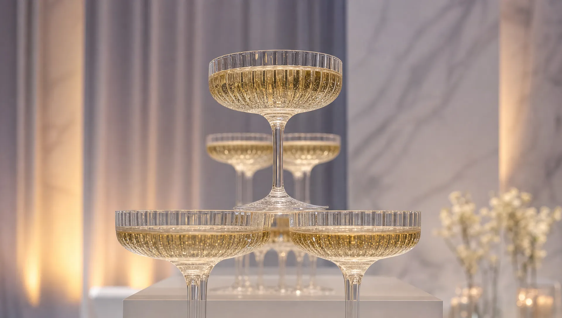 a-close-up-of-clear-plastic-champagne-coupes-stack-1bae3dcf-1787353944113 A close-up of clear plastic champagne coupes stacked into a tower, showing the symmetry and finish needed for an event-ready display.