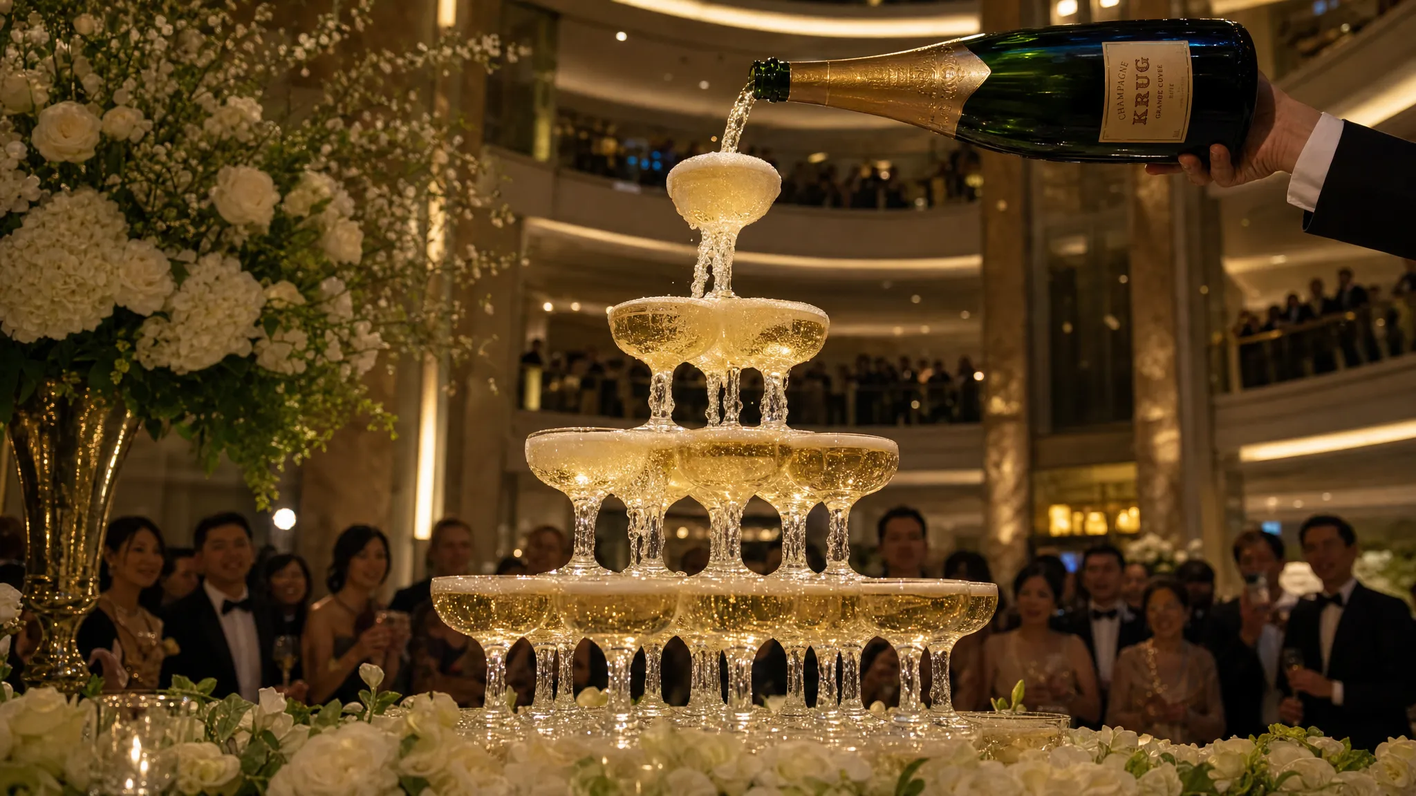 A close-up view of a champagne glass pyramid in a luxury hotel atrium during an evening gala, with the ceremonial pour visible at the top and elegant floral arrangements and guests softly framing the scene.