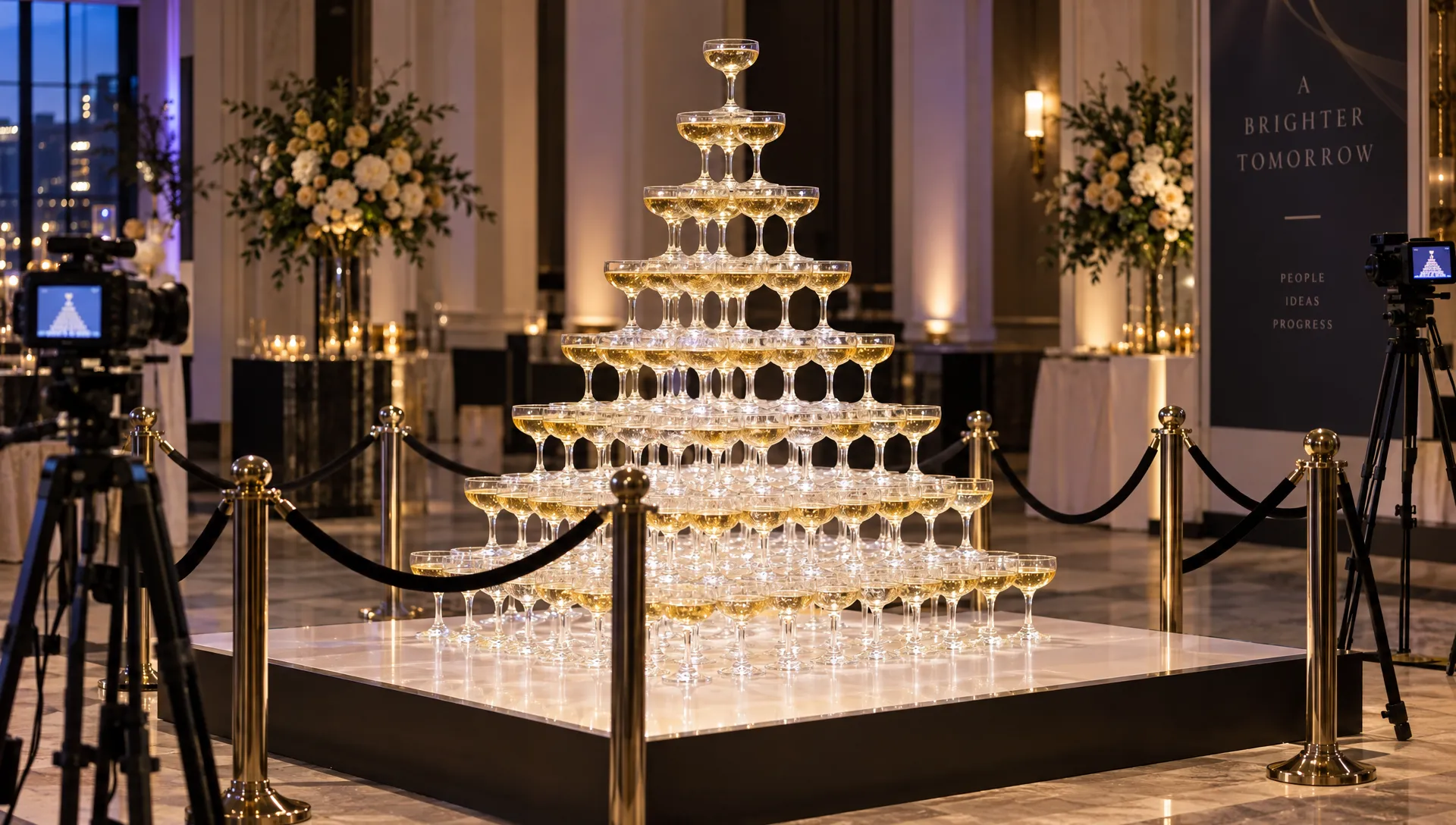 A completed champagne glass pyramid stands on a level platform inside a venue, with its safety perimeter and recording cameras in view.