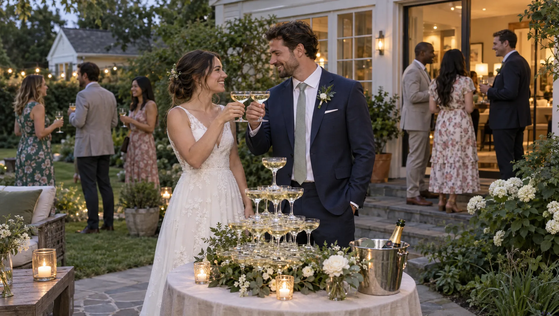 A couple shares a toast beside a small champagne tower at their garden wedding reception as guests mingle nearby.