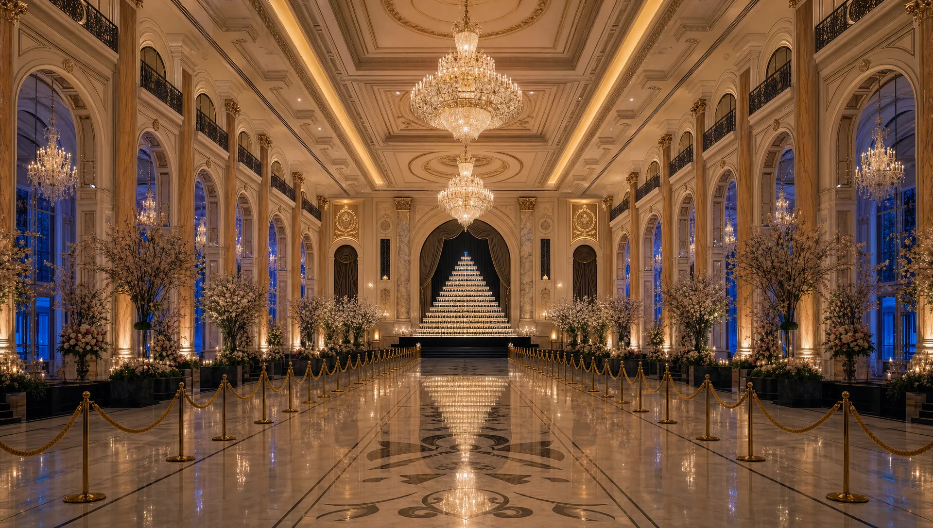 a-grand-ballroom-centers-on-a-champagne-glass-pyra-61cff7e5-1788909570761 A grand ballroom centers on a champagne glass pyramid platform for a luxury event.