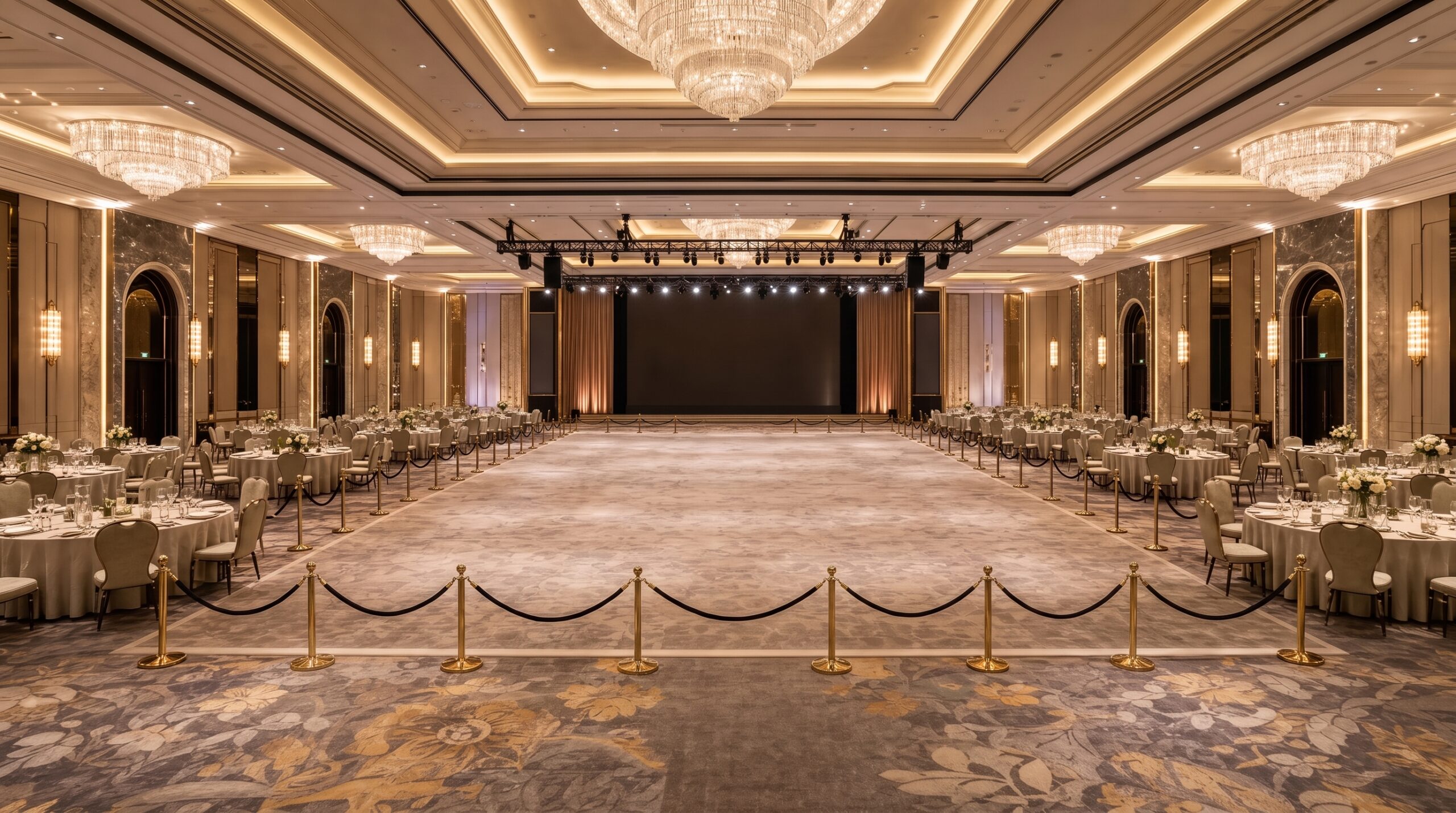 A grand ballroom with roped-off open floor, banquet tables along both sides, and a large stage at the far end for a brand event.