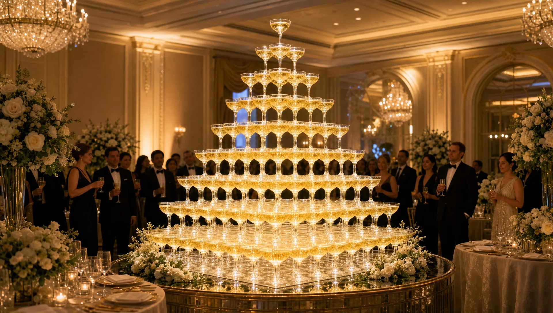 A grand champagne glass pyramid glowing in an elegant hotel ballroom, surrounded by refined table settings and floral arrangements while guests stand at a respectful distance and watch the centerpiece become the focus of the room.