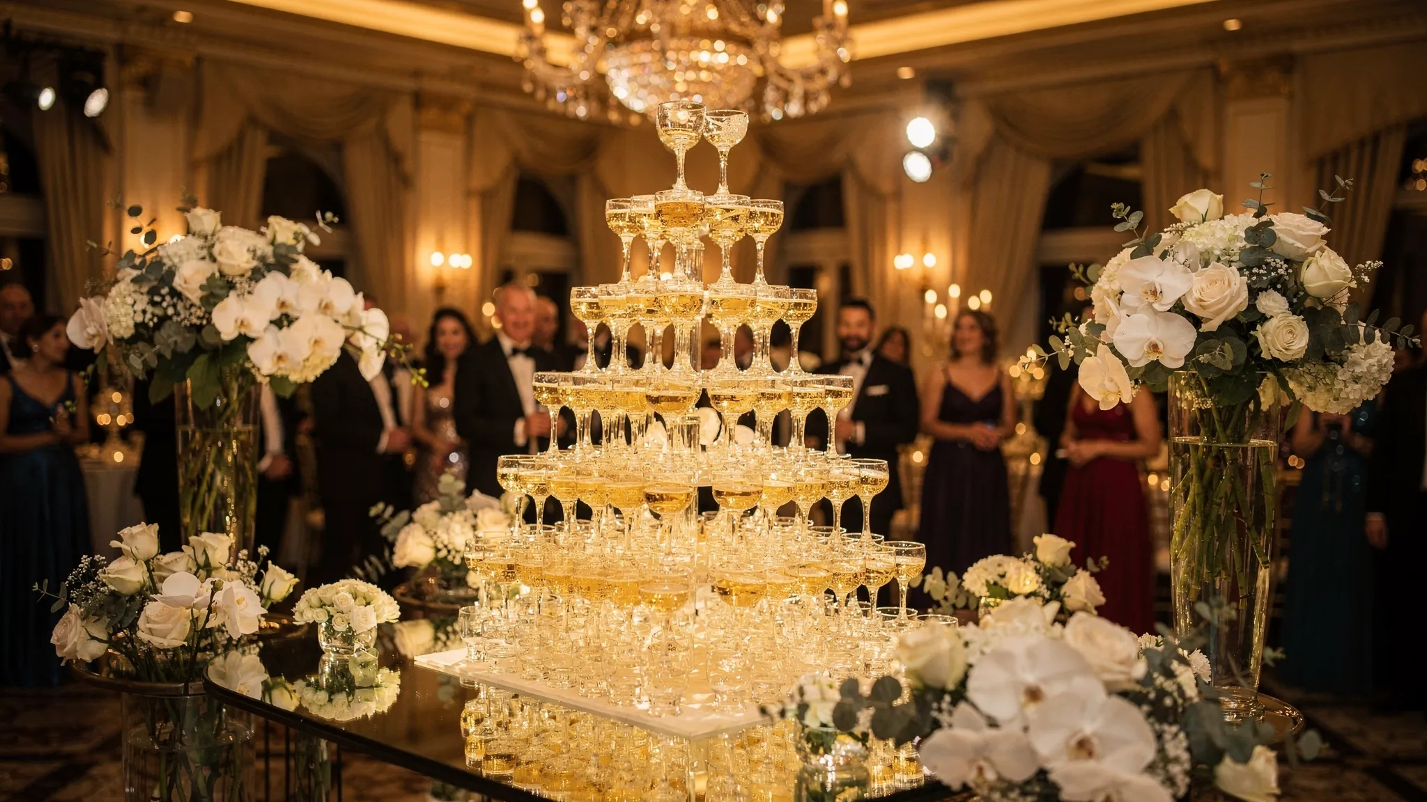 A grand champagne glass pyramid glowing under warm event lighting inside a luxury gala venue, surrounded by elegant floral arrangements and guests in formal eveningwear watching the centerpiece moment.