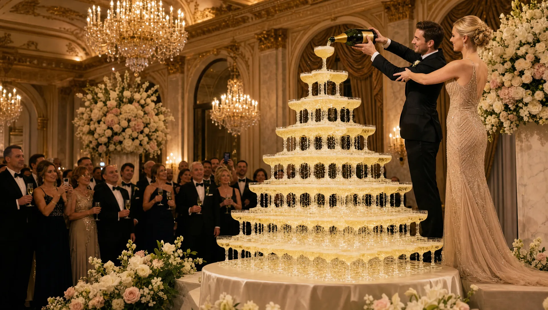 A grand champagne glass pyramid in a luxury ballroom, surrounded by elegant floral accents and guests gathered at a respectful distance for a ceremonial pour.