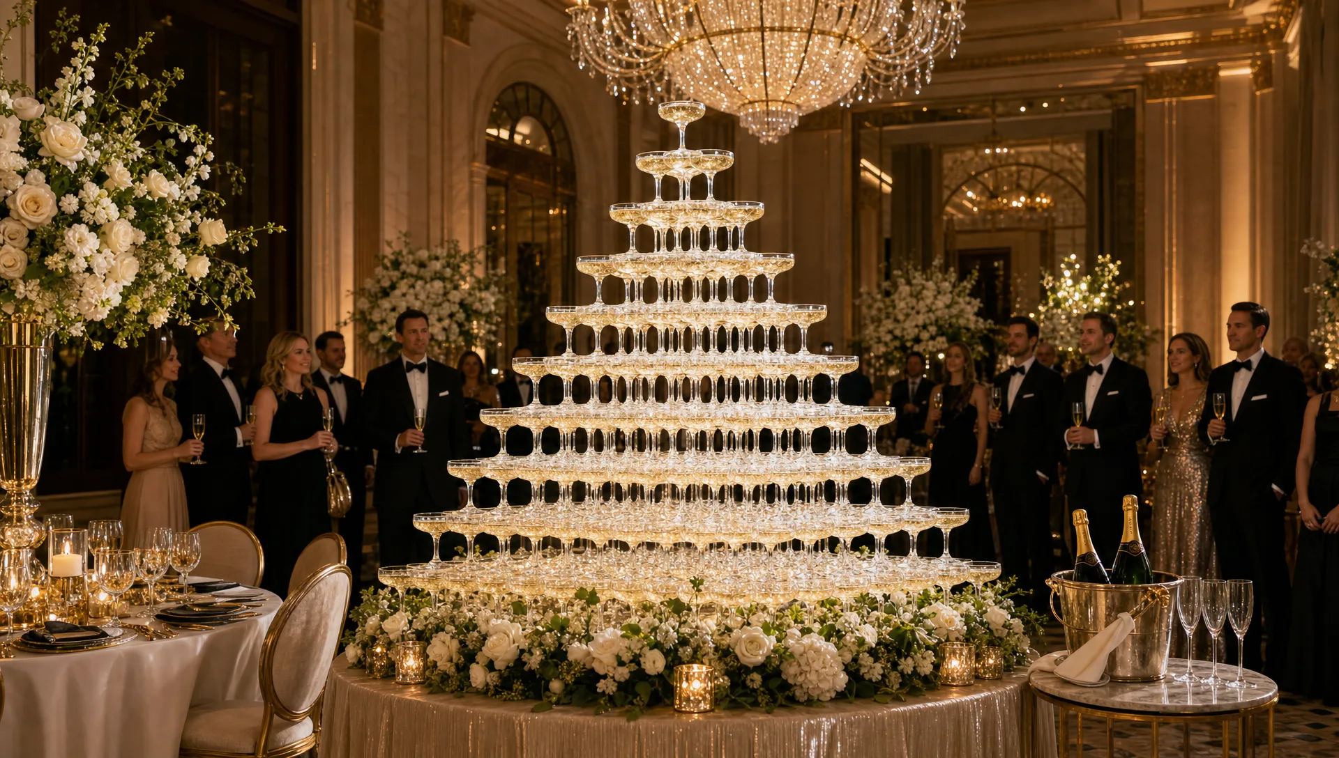 A grand champagne glass pyramid standing as the central feature of an elegant luxury event space, with polished table settings, floral accents, and guests gathered at a respectful distance before a ceremonial pour.