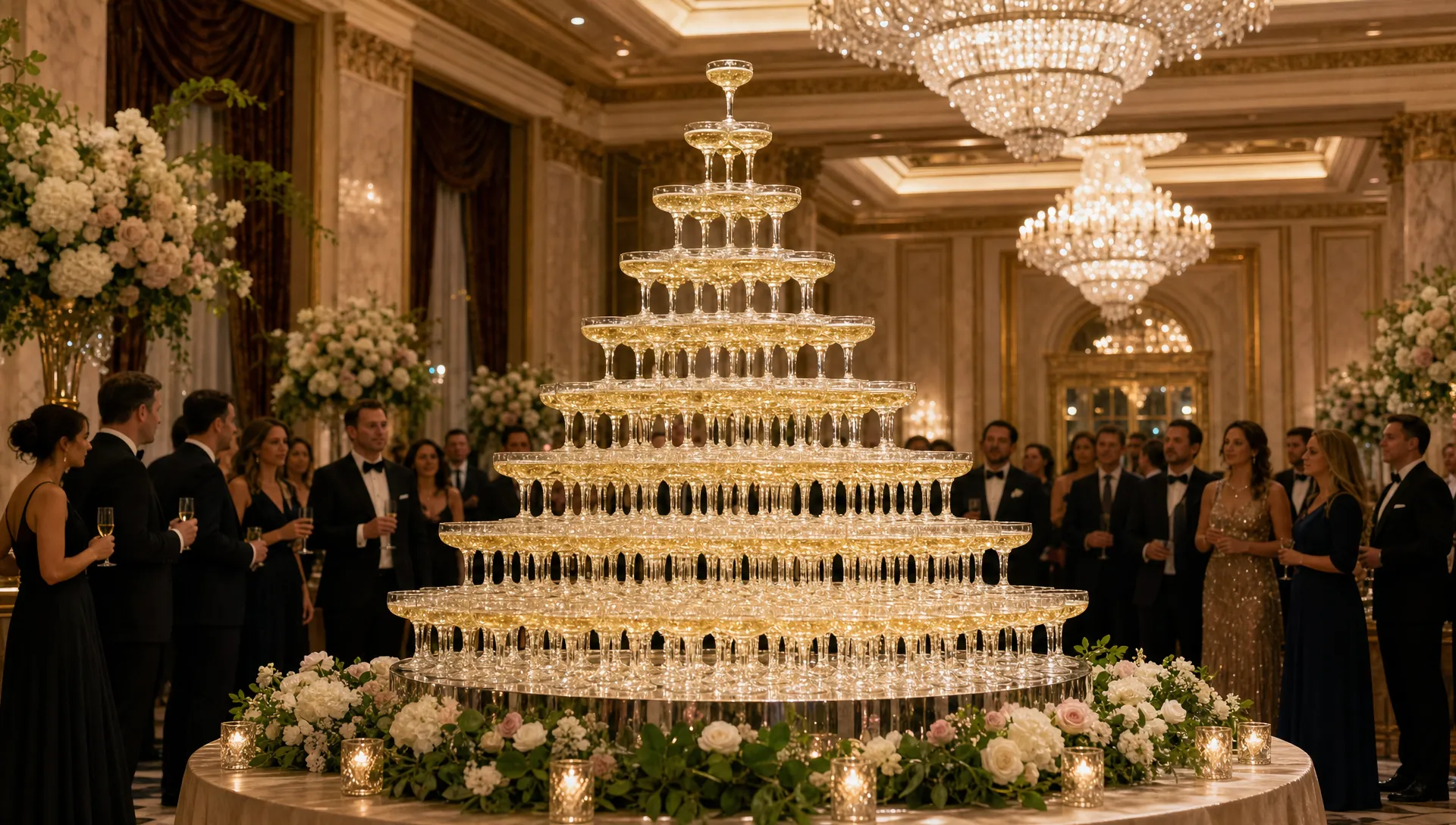 A grand champagne glass pyramid stands in a luxury ballroom with floral accents and guests gathered at a respectful distance.