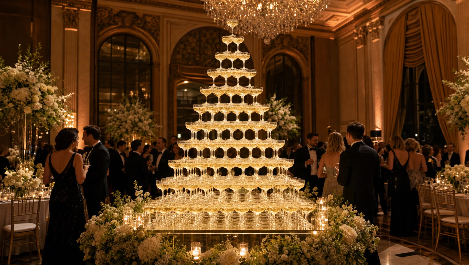 A grand champagne pyramid glowing under warm event lighting in the center of a luxury gala space, surrounded by elegant tables, floral arrangements and guests gathering at a respectful distance as the installation becomes the visual focus of the room.