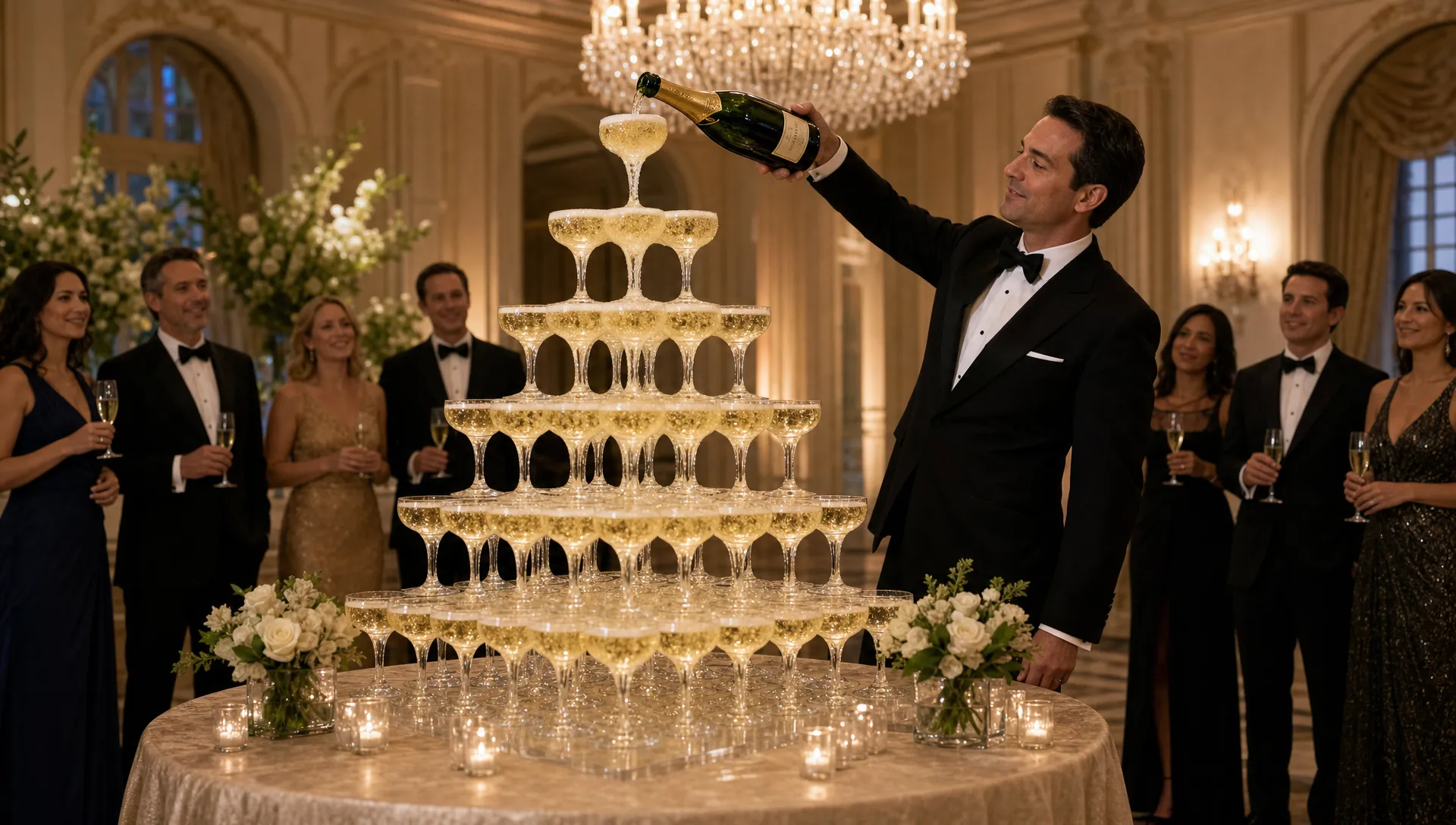 A grand champagne pyramid in a refined indoor event space, positioned as the focal point beneath soft lighting while formally dressed guests gather at a respectful distance for a ceremonial pour.