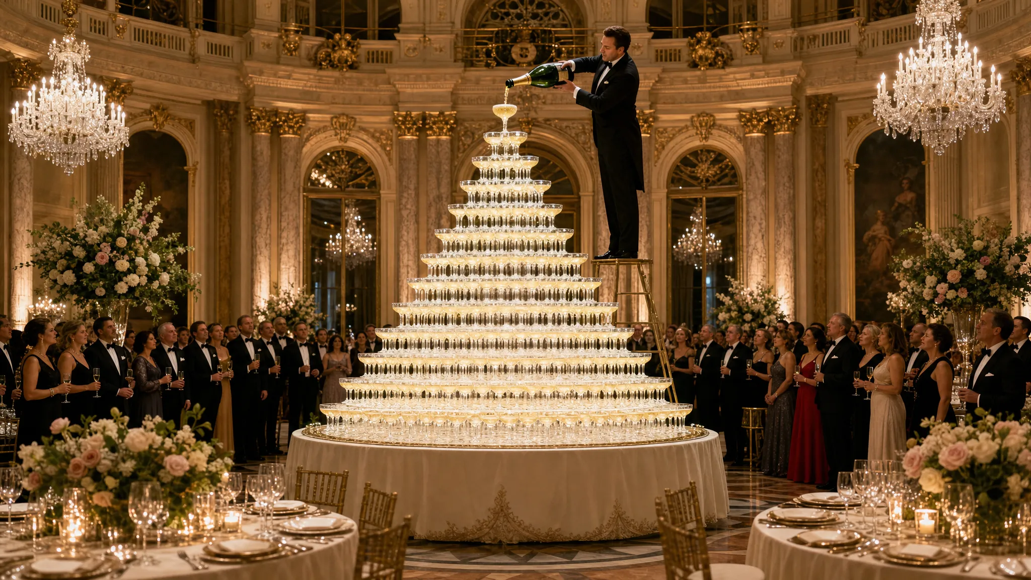A grand European gala hall with a champagne glass pyramid as the central feature, elegant dining tables and floral arrangements around it, and guests watching the ceremonial pour from the edges of the room.