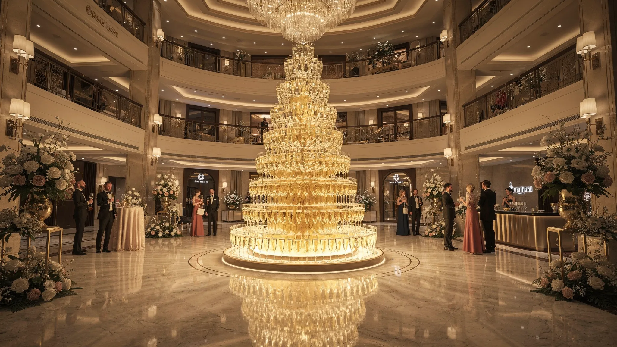 A grand hotel atrium during an opening gala with a tall champagne glass tower illuminated as the central feature, elegant guests gathered at a respectful distance, floral arrangements, warm lighting and a luxury hospitality atmosphere.
