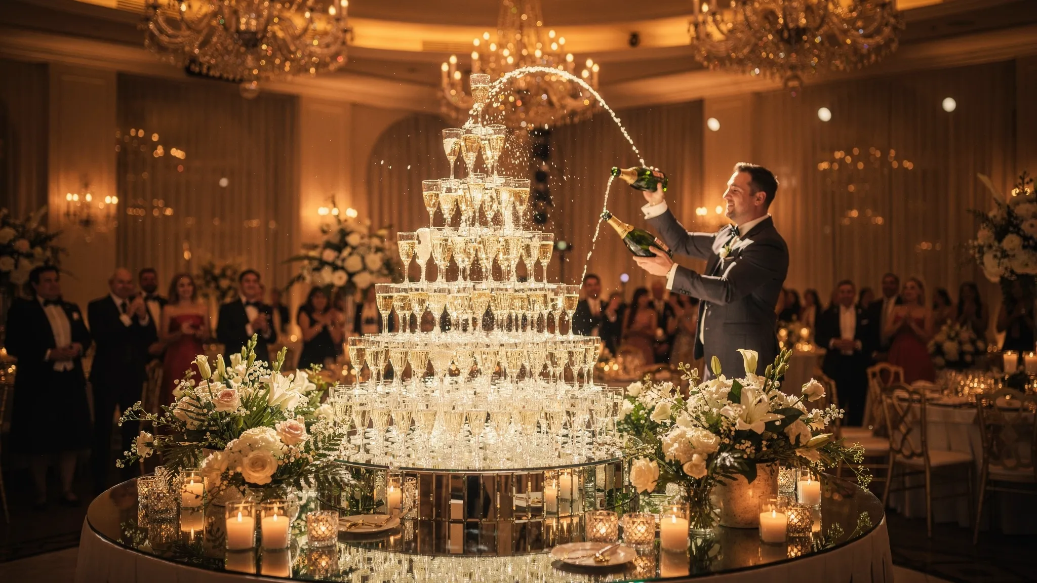 A grand luxury event space with a towering champagne glass pyramid as the central feature, surrounded by elegant lighting, floral accents and guests watching the ceremonial first pour.