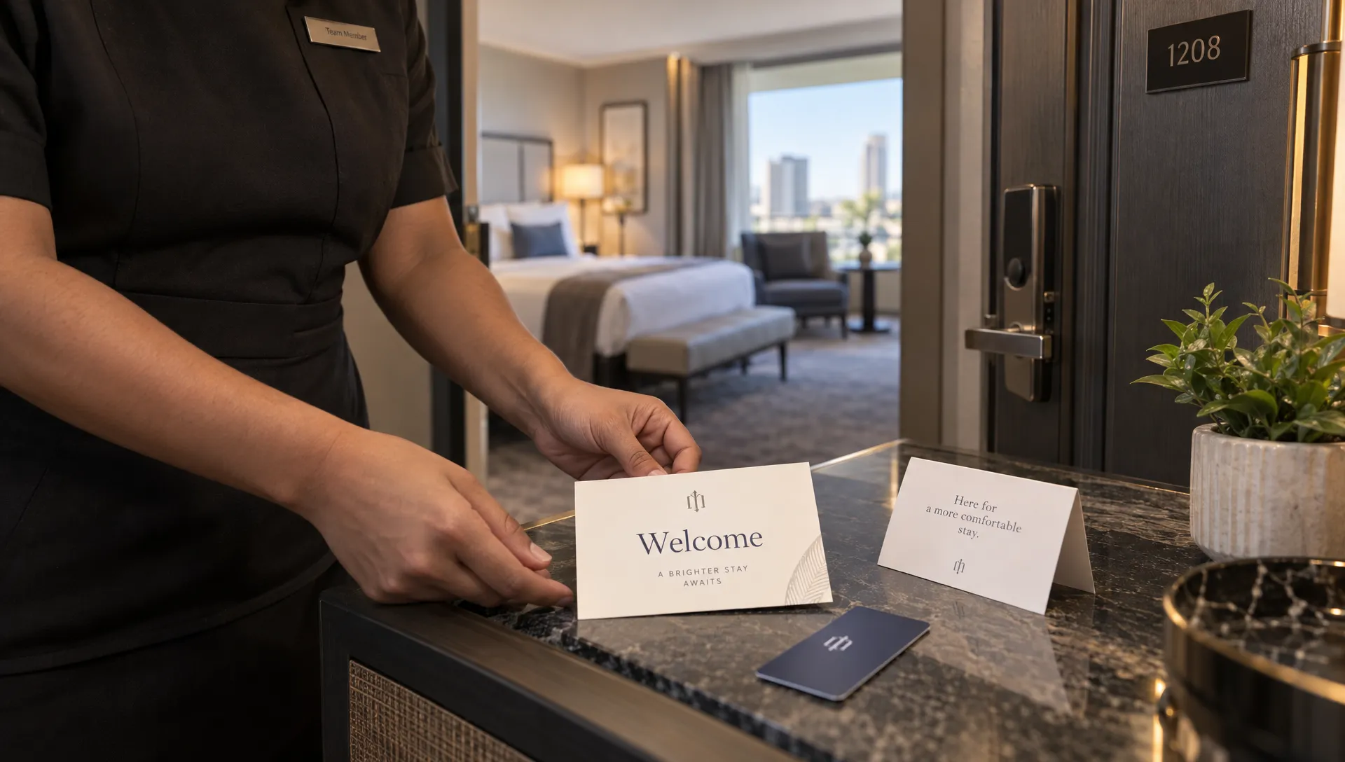 a-hotel-employee-places-updated-welcome-materials-1792190171224 A hotel employee places updated welcome materials beside a room key, bringing the new brand into the guest experience.