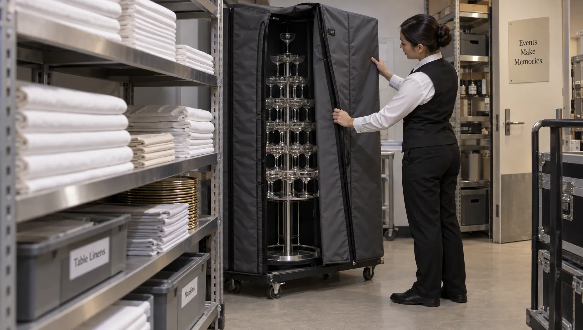 A hotel staff member checks the padded storage cover around a champagne tower stand between events.