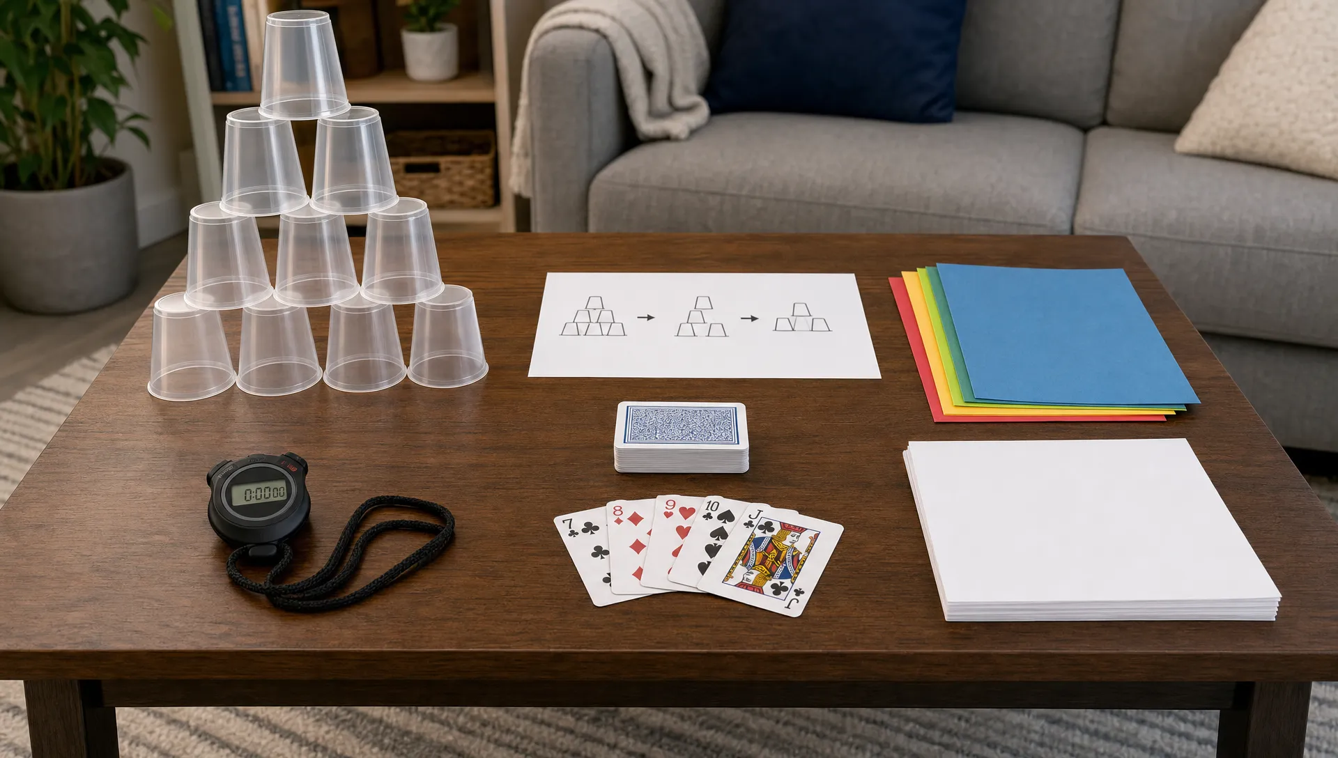 A living room table is set for a safe Guinness World Records attempt with plastic cups, playing cards, paper materials and a stopwatch.