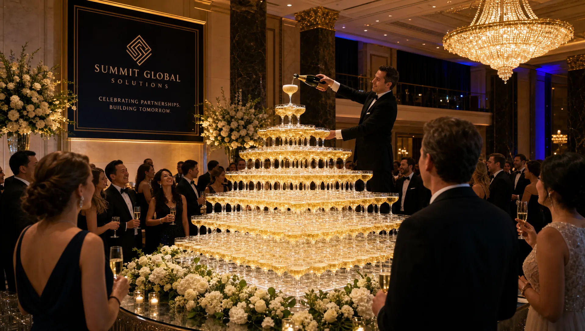 A luxurious corporate gala inside a grand venue with a champagne glass pyramid as the central focal point, elegant lighting, floral arrangements, and guests gathered around the spectacle in formal evening attire.