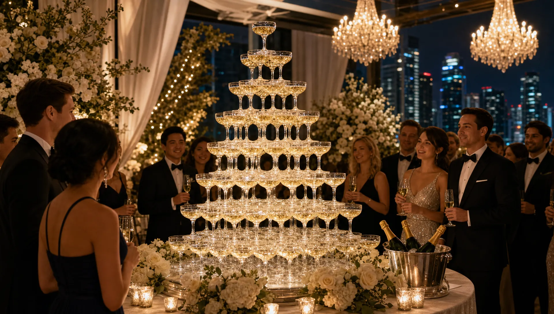A luxurious evening reception space with a tall champagne glass tower as the central focal point, surrounded by soft lighting, floral arrangements and elegantly dressed guests waiting for the ceremonial pour.