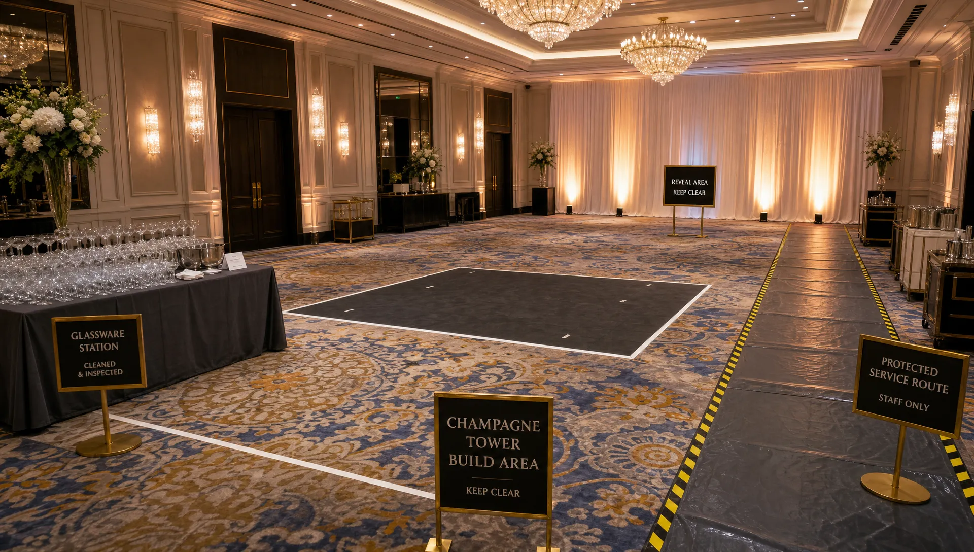 a-luxury-ballroom-is-set-up-for-a-champagne-tower–bcee05a8-1786835724141 A luxury ballroom is set up for a champagne tower, showing the venue conditions that affect price.