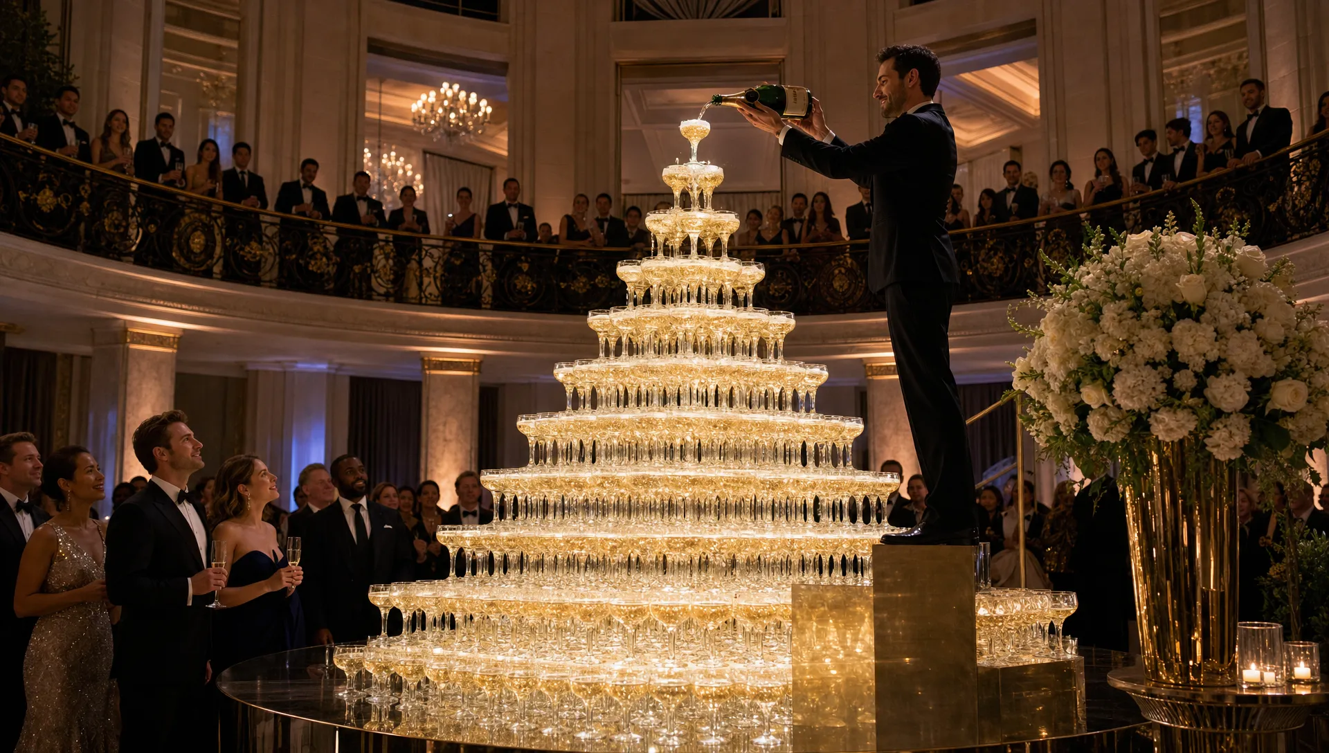 A luxury corporate gala inside a grand venue with a large champagne glass pyramid as the central attraction, surrounded by elegant lighting, floral arrangements and guests watching the spectacle from the balcony above.