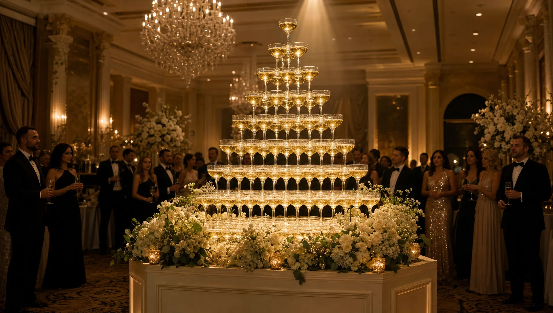 A luxury event ballroom with a champagne glass tower on an elegant plinth, warm spotlighting reflecting through the glasses, soft florals around the base, and guests gathered at a respectful distance in formal evening attire.