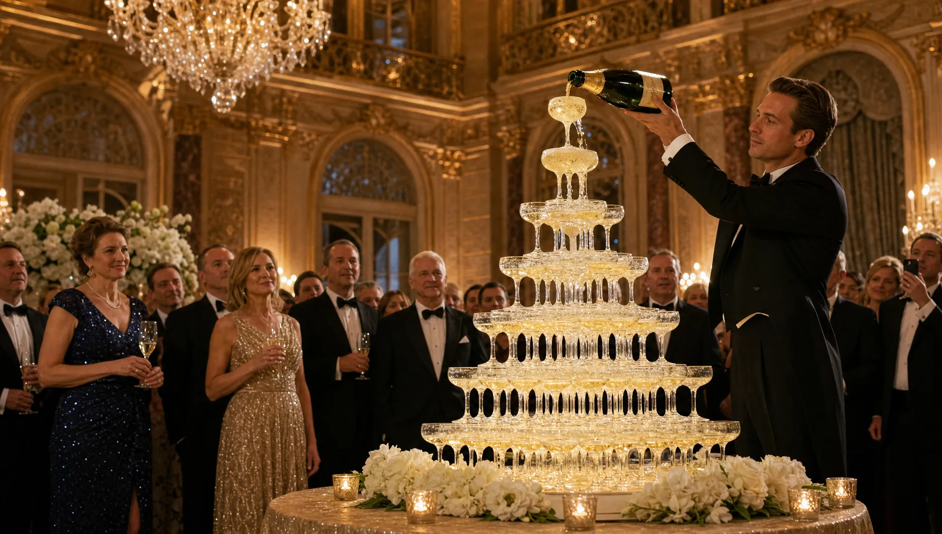 A luxury gala ballroom centers on a champagne glass pyramid while formally dressed guests watch the ceremonial pour.