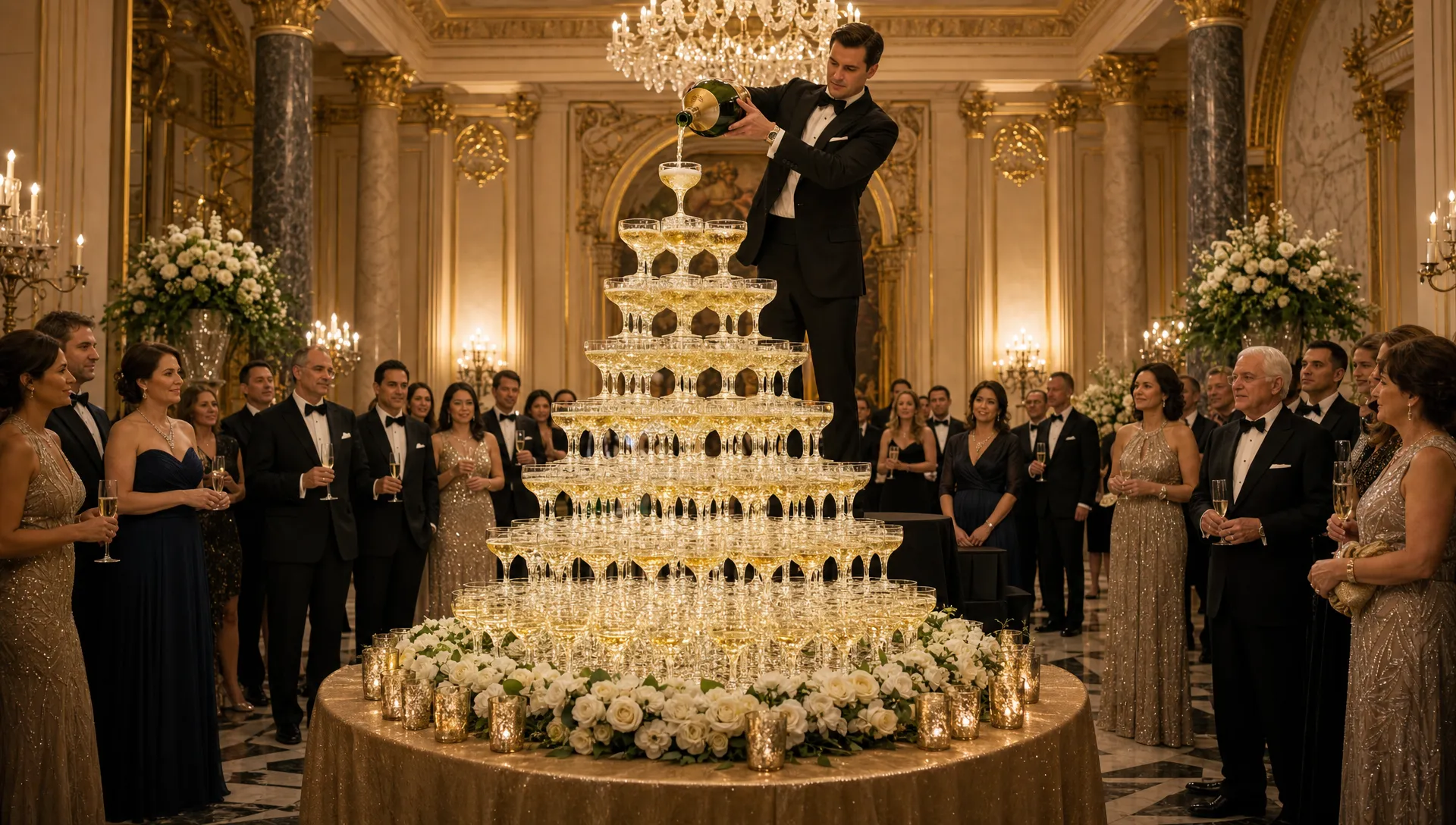 A luxury gala ballroom centers on a champagne glass pyramid with guests watching a ceremonial pour from a safe distance.