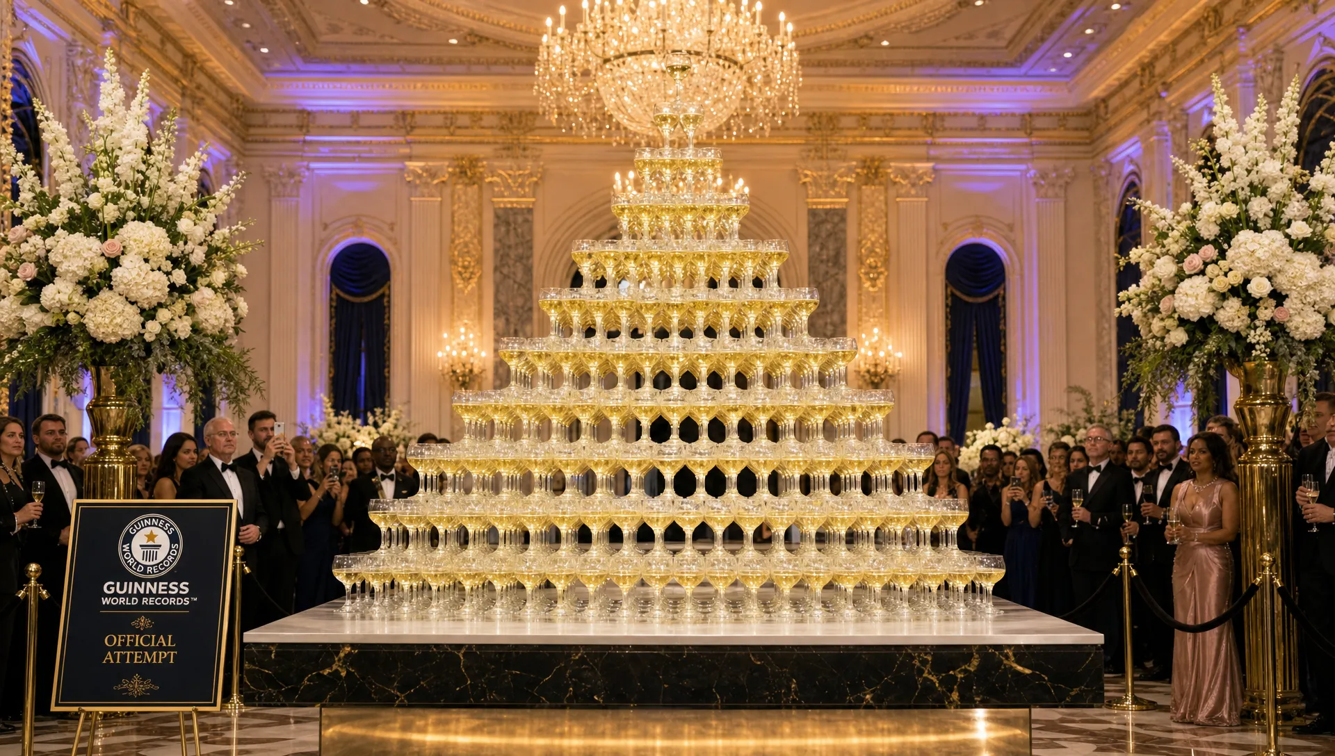 A luxury gala ballroom with a towering champagne glass pyramid ready for a Guinness record attempt, with floral arrangements and guests watching from a safe distance.