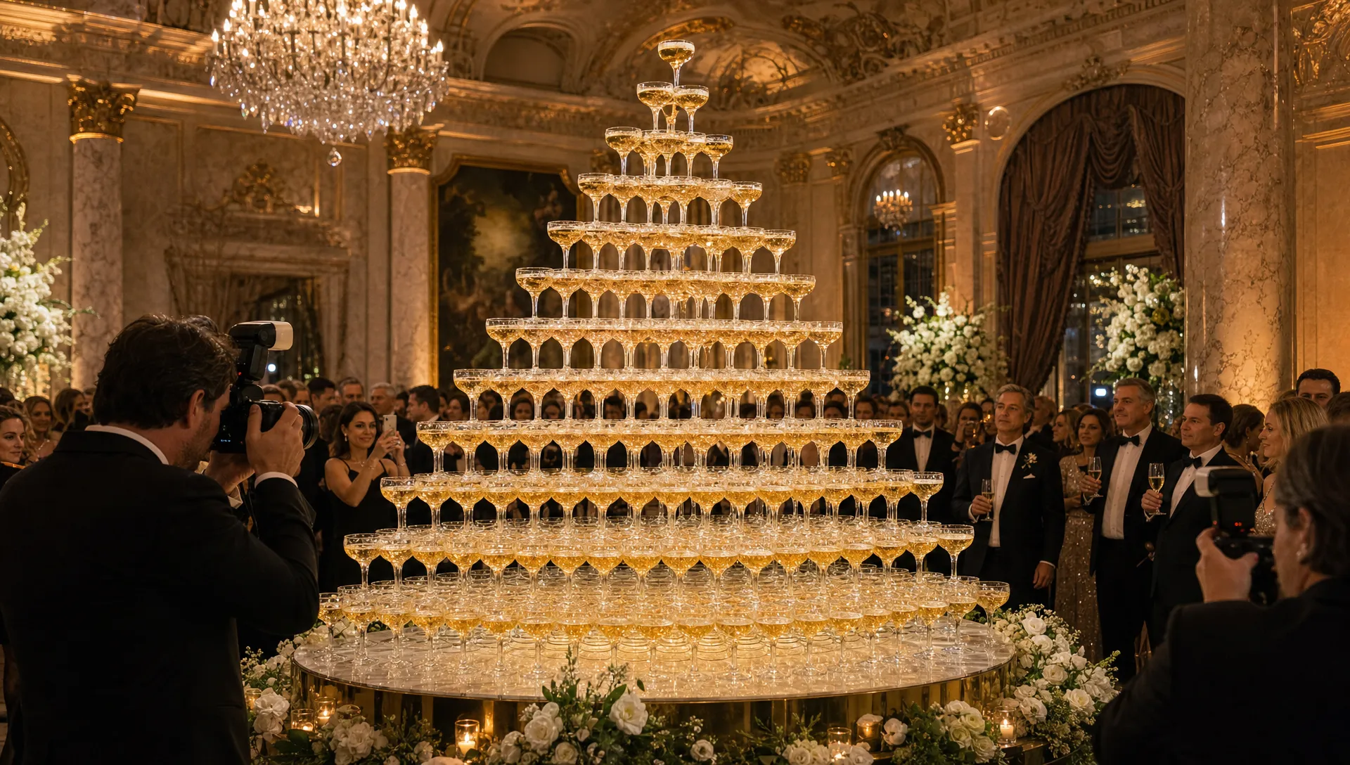 A luxury gala room centers on a towering champagne glass pyramid while guests and photographers gather around the spectacle.