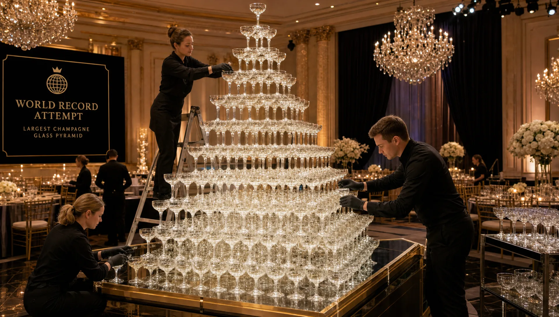 A luxury gala venue with a tall champagne glass pyramid being carefully assembled as event specialists prepare the room for a world record attempt.