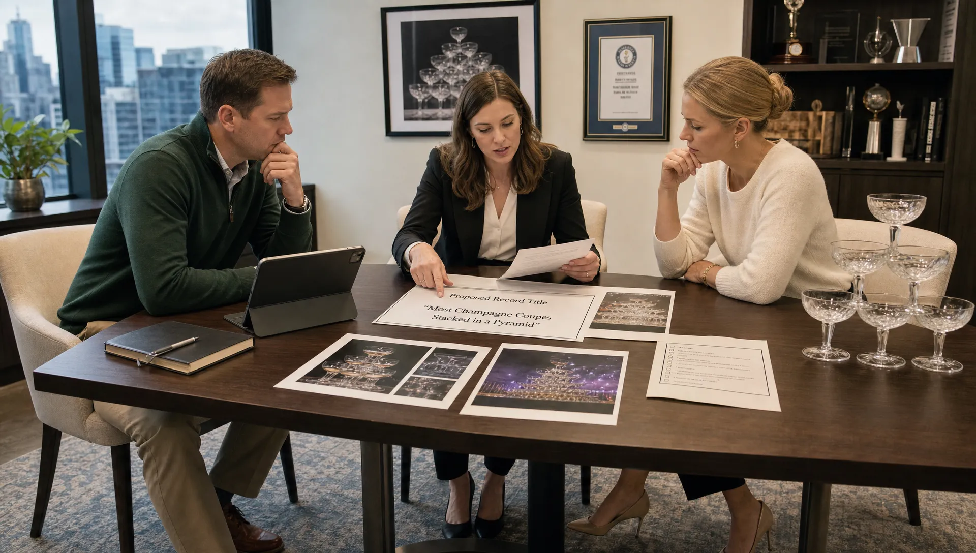 a-planner-and-stakeholders-review-record-documents-a1c172a1-1789771902635 A planner and stakeholders review record documents in a meeting room before approving a champagne pyramid attempt.