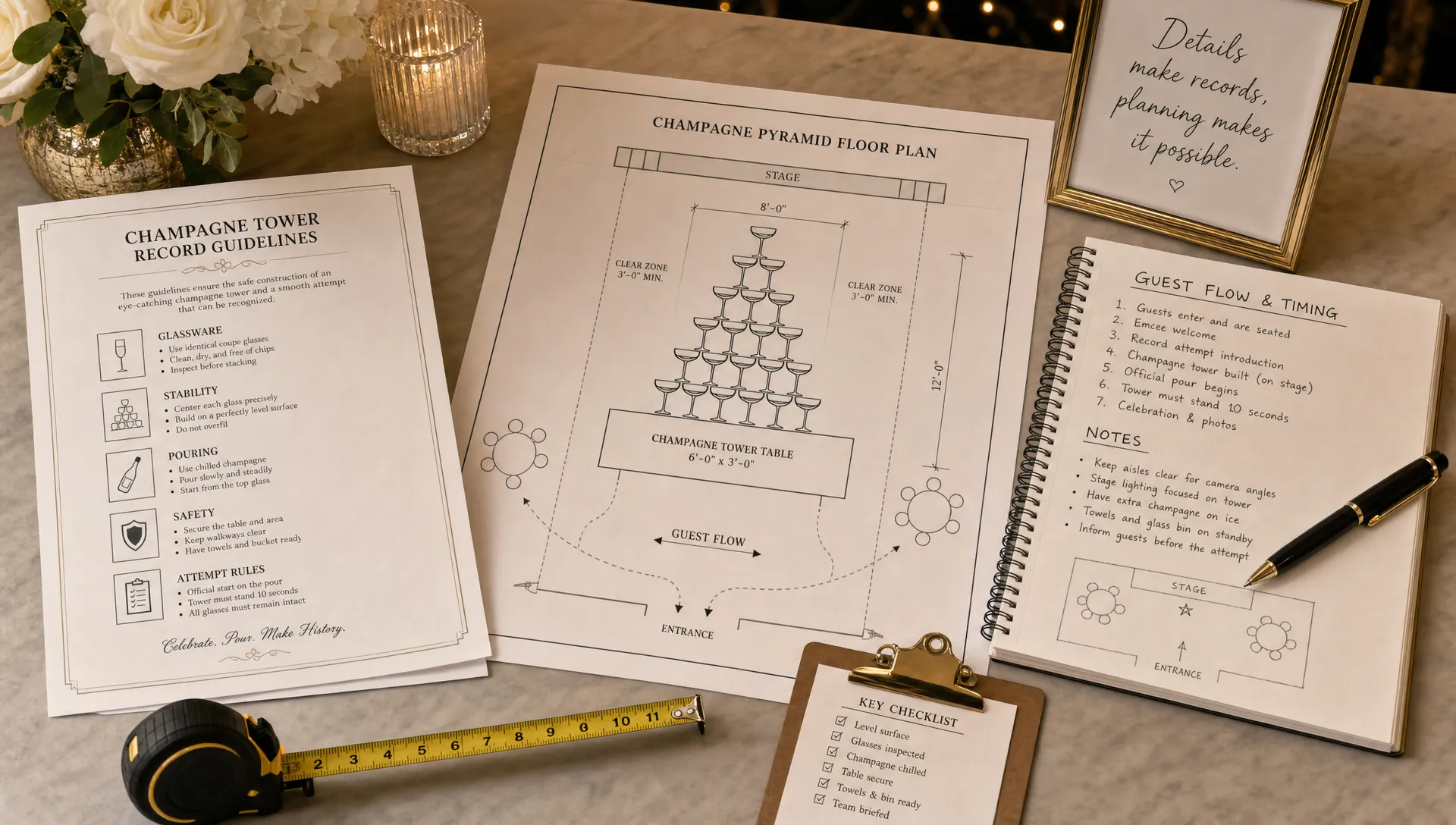 A planning table holds printed record guidelines, a champagne pyramid floor plan, measuring tape and guest flow notes.