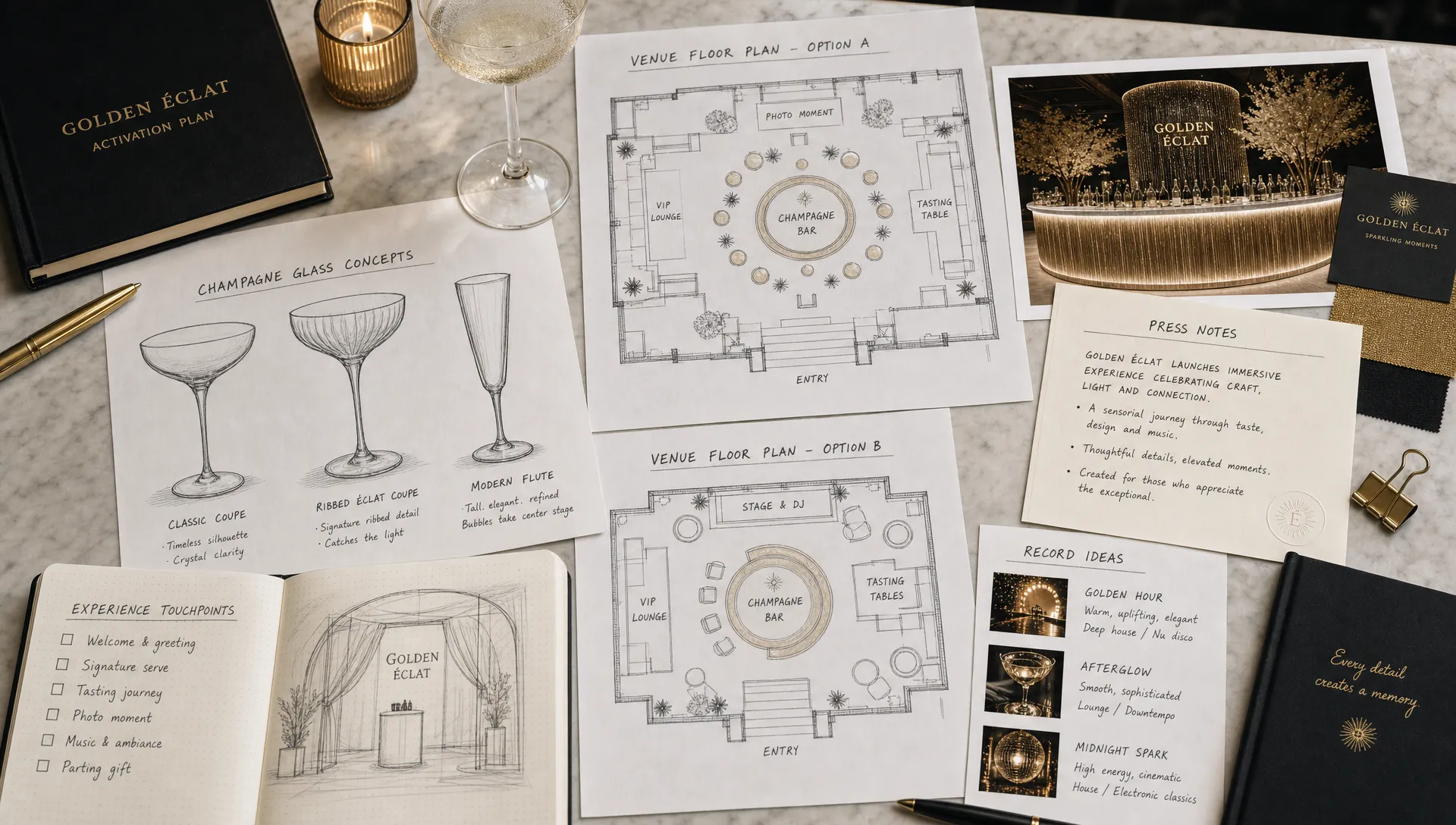 A planning table with champagne glass sketches, venue floor plans, press notes and record ideas for a premium activation.