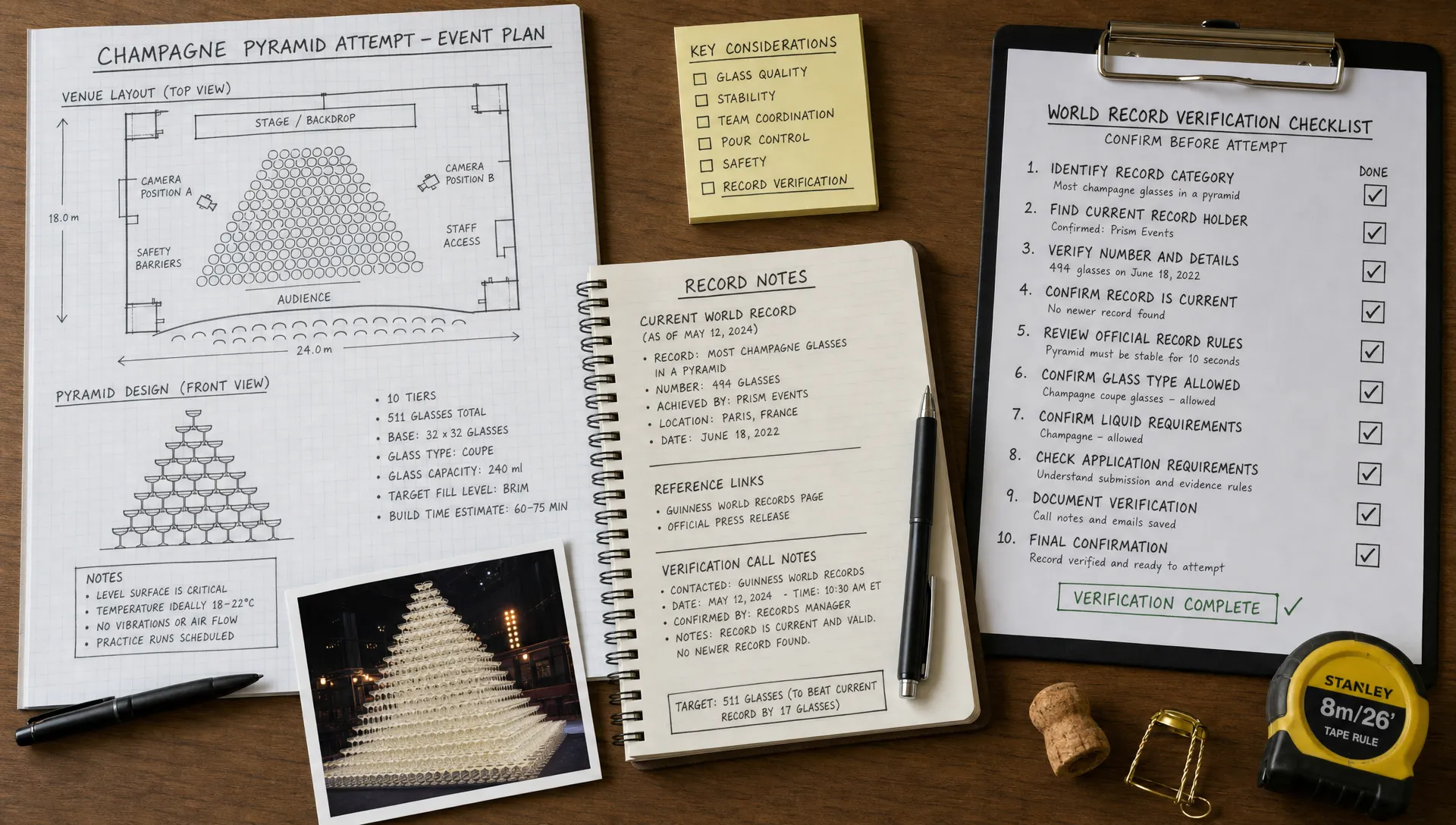 A planning table with venue drawings, record notes and a checklist for verifying the current world record before a champagne pyramid attempt.