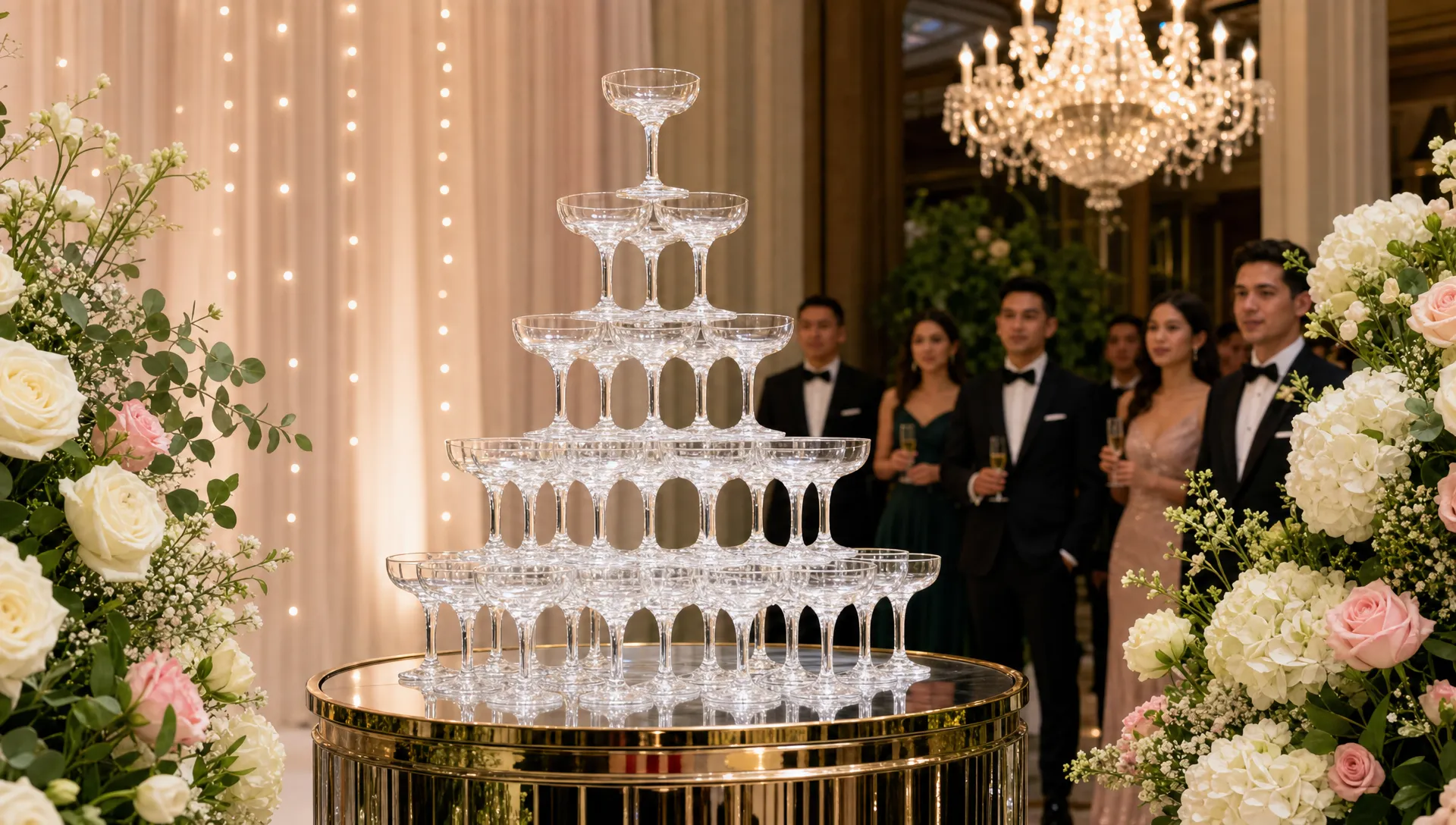 A plastic champagne tower on a polished plinth is framed by floral accents and an elegant backdrop as guests wait for the ceremonial pour.