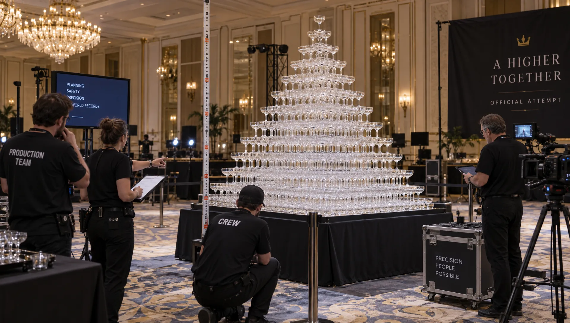 A production team reviews a champagne glass pyramid inside a hotel ballroom, with measurement equipment and cameras ready for the record attempt.