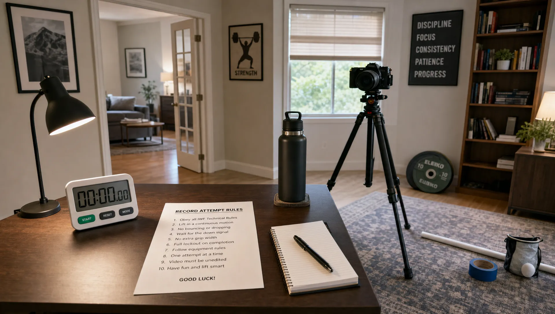 a-quiet-home-study-is-set-up-for-a-safe-guinness-w-b7f6ebb5-1790116429006 A quiet home study is set up for a safe Guinness World Records attempt with a desk, timer, camera and simple props.