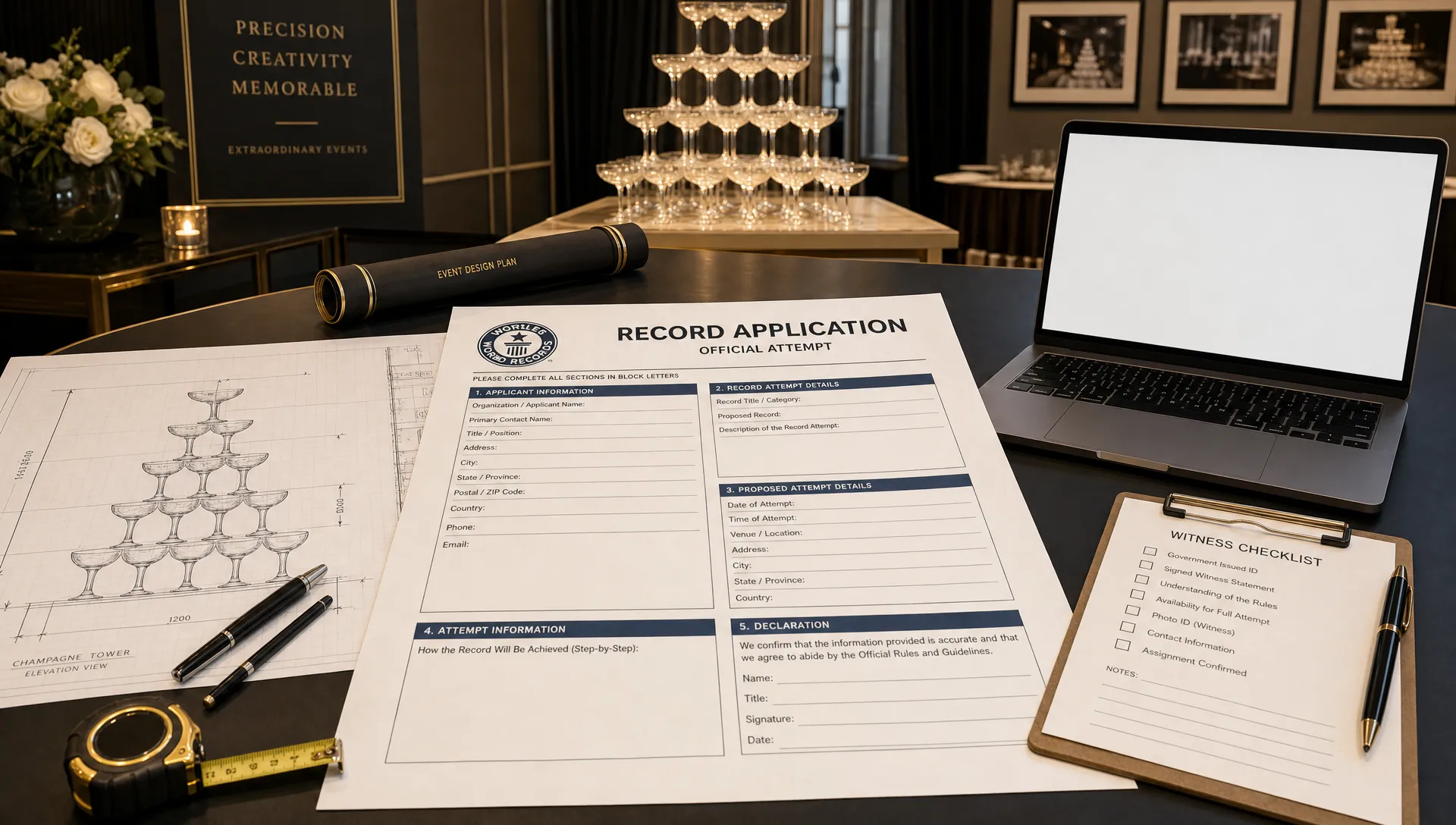 a-record-application-sheet-pyramid-floor-plan-and–a8811358-1788256975872 A record application sheet, pyramid floor plan and measuring tools sit on a planning table for a champagne pyramid attempt.
