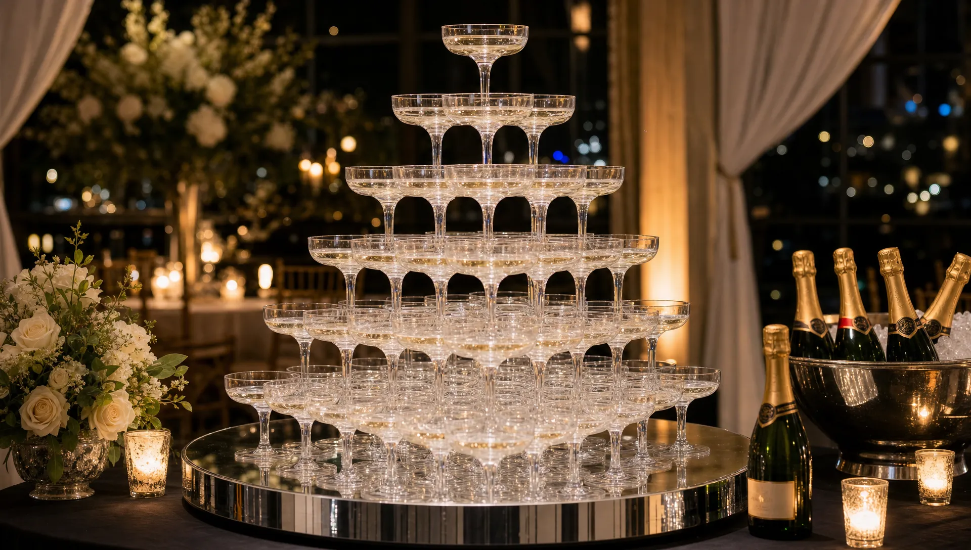 A refined champagne tower made with clear coupe-style plastic glasses on a mirrored base in an elegant evening event setting, surrounded by champagne bottles and subtle floral styling.