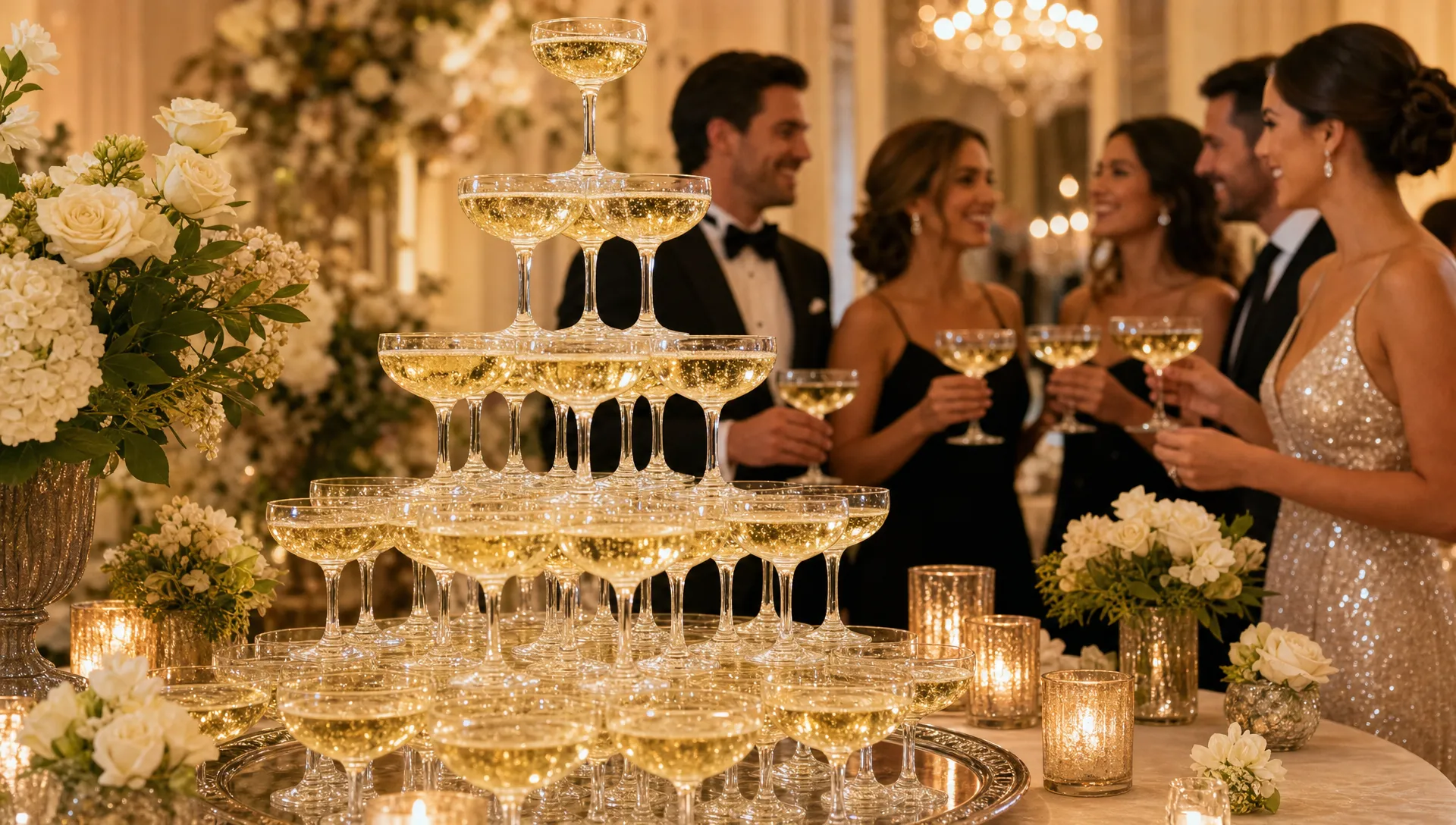 A refined champagne tower on a luxury event table with sparkling coupe glasses, soft candlelight, floral arrangements, and guests gathered nearby for an elegant toast.