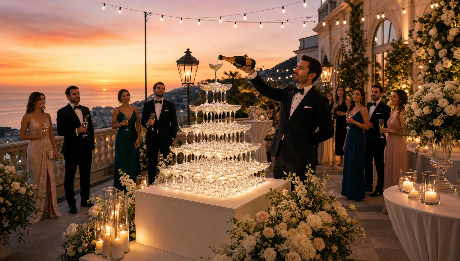 A refined outdoor luxury event terrace at sunset with an acrylic champagne tower arranged on a stable plinth, surrounded by elegant lighting, floral accents and guests gathering at a respectful distance for a ceremonial pour.