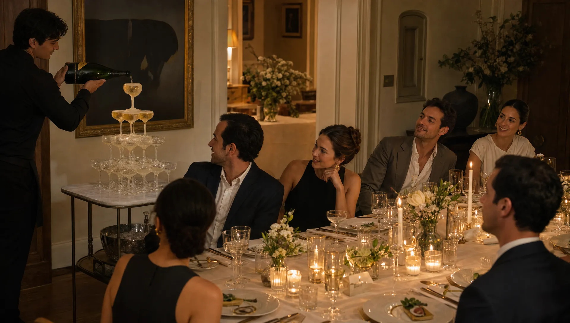 A small champagne tower anchors a private dinner celebration as guests turn toward the table.